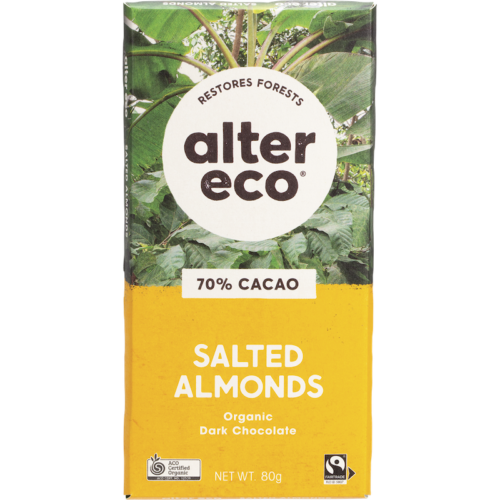 alter eco chocolate deep dark salted almonds organic 80g