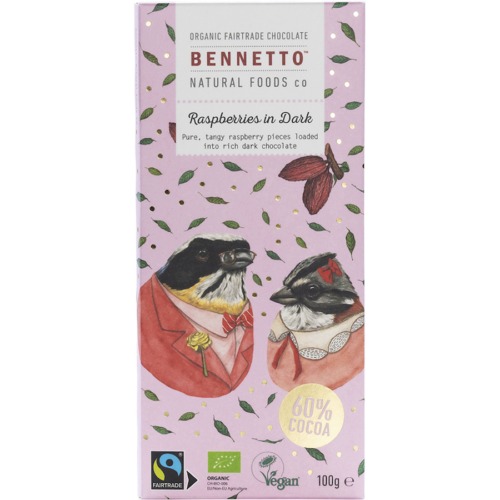 bennetto organic dark chocolate raspberries 100g