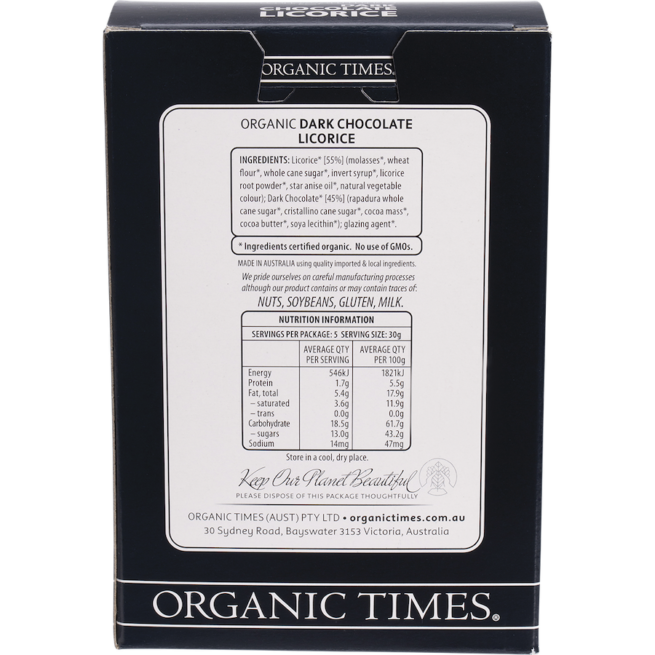organic times dark chocolate licorice organic 150g