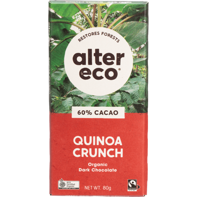 alter eco chocolate deep dark quinoa crunch organic 80g