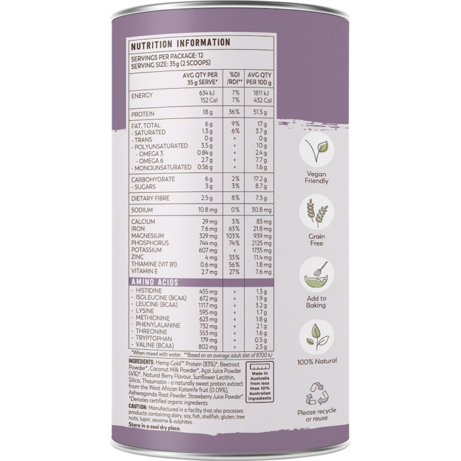 essential hemp organic protein shake mixed berry 420g