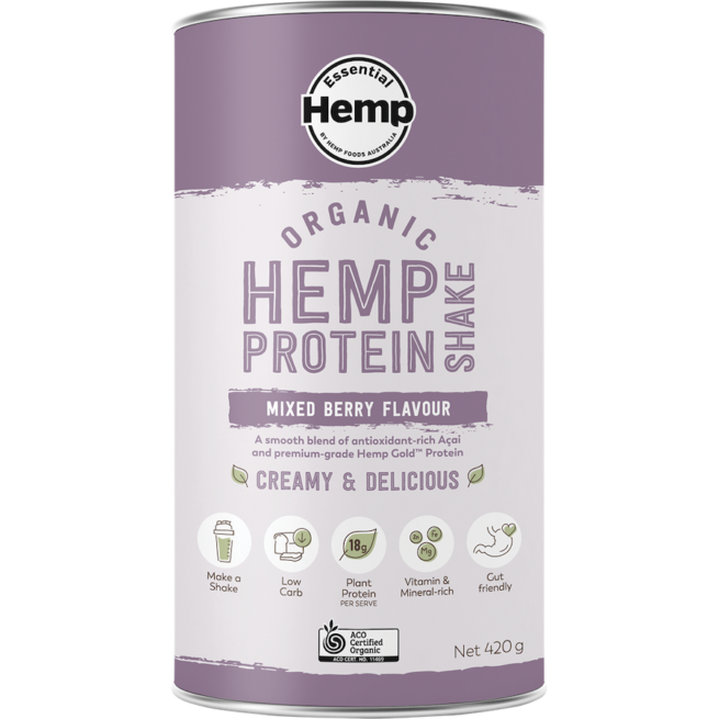 essential hemp organic protein shake mixed berry 420g